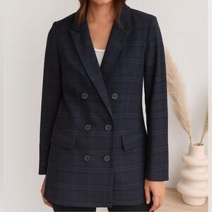 Aritzia Babaton Samuel Double Breasted Blazer Navy Everest Green Plaid